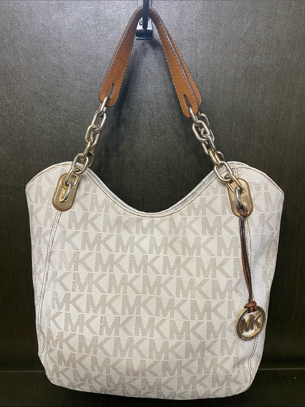 Michael Kors Cream Monogram Chain-Trim Shoulder Bag
